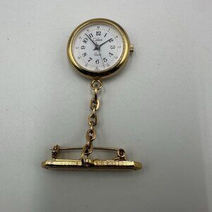 Colibri Nurse Watch Women Gold Tone Brooch Pin Fob Round 24MM New Battery